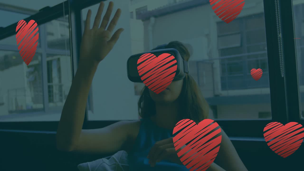 animación de corazones cayendo sobre mujer caucásica usando auriculares vr