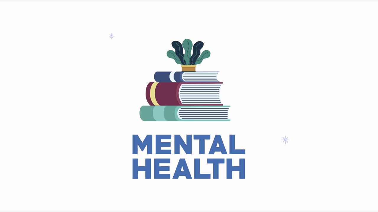 animación de letras de salud mental con libros y plantas de interior