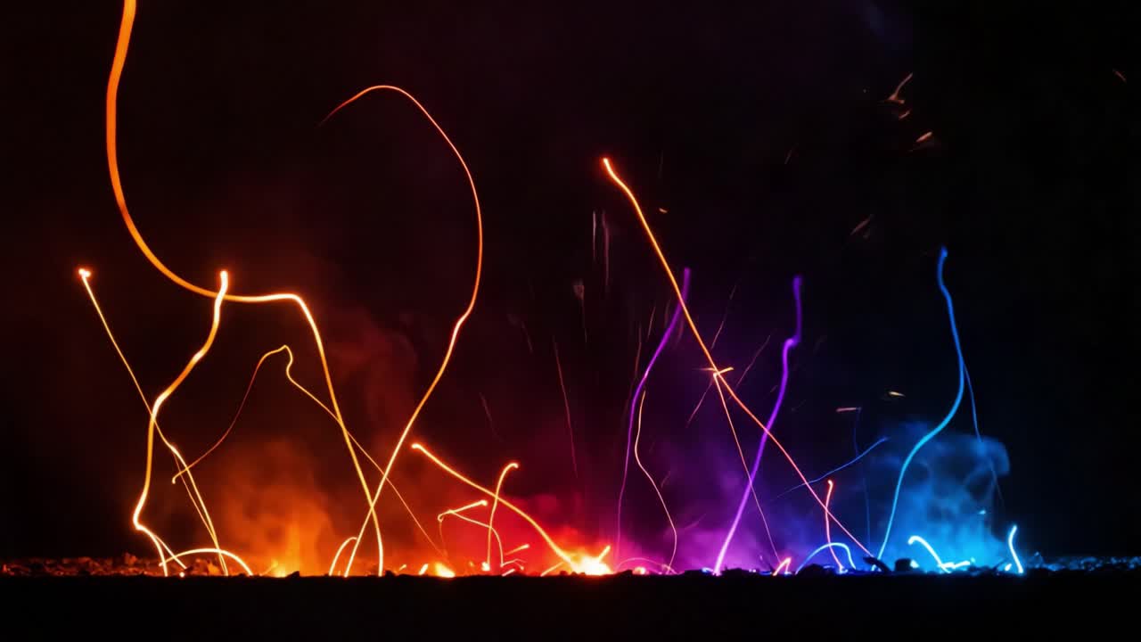 A mesmerizing display of colorful sparks and wispy smoke swirling in the darkness, emanating shades of orange, blue, and purple, creating an enchanting visual spectacle