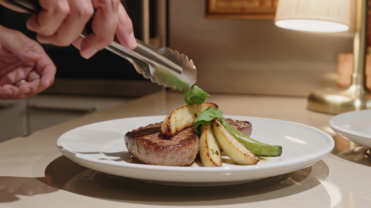 Mani con manica da chef che posizionano e sistemano bistecca e patate a spicchi con le pinze al bancone, per il servizio