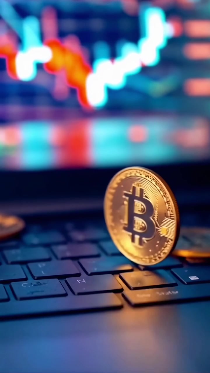 Moneda Bitcoin girando sobre teclado de portátil con fondo de gráfico de mercado