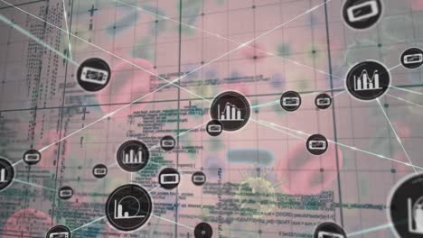 Animation-of-network-of-connections-and-data-processing-over-covid-cells-on-white-background