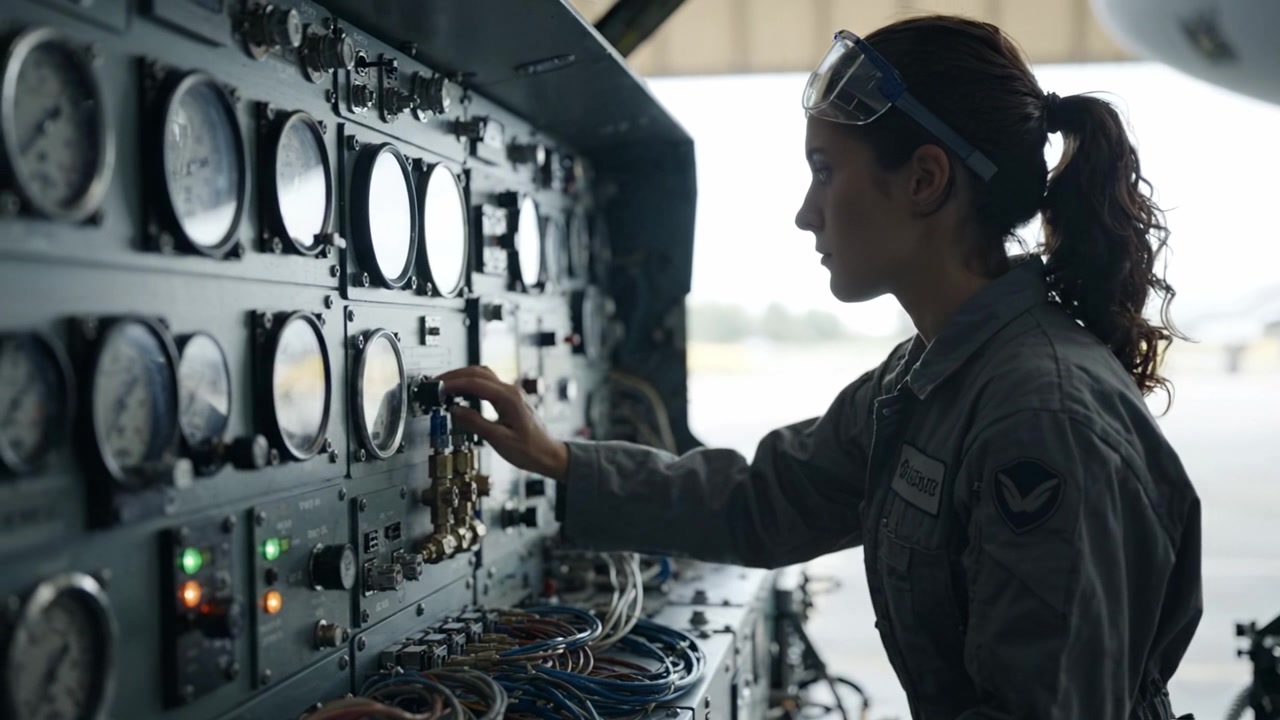 Focused Technician Monitoring Aircraft Instrumentation Controls for Operational Readiness, Ensuring Safety and Precision in Aerospace Operations with Advanced Machinery