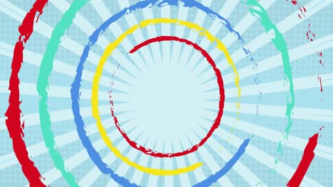 animation of multi coloured circles spinning on blue stripes in background