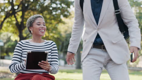 Technology,-tablet-and-business-people-in-park