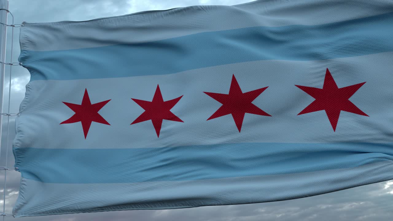 시카고 시의 발은 깊은 아름다운 구름 하늘에 대항하여 바람에 흔들리고 있습니다.