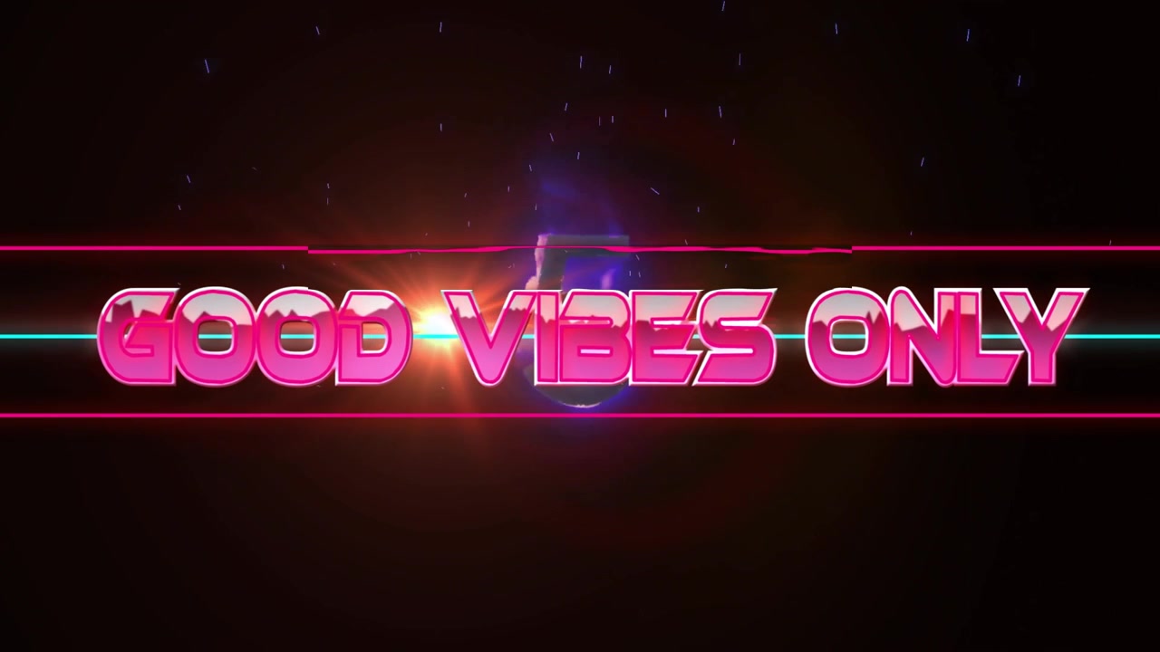 Mens stjernepartikler driver, spinner neonteksten 'GOOD VIBES ONLY' ind i syne til en kosmisk branding-app.