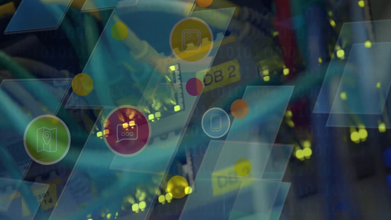 Animation of digital icons over blue screens and computer cables in background