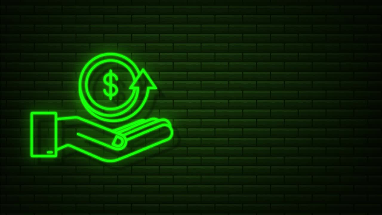 icono de moneda de neón con la mano. etiqueta de devolución de dinero o reembolso de dinero. gráfico de movimiento