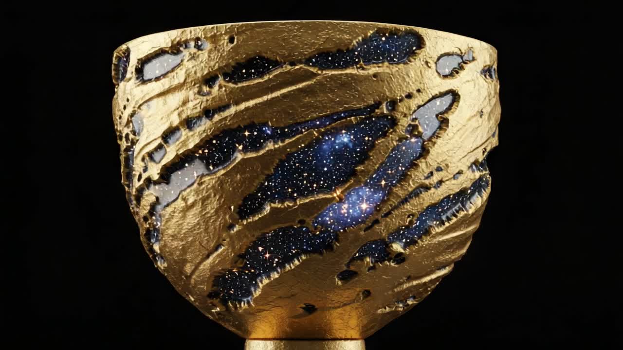 Glistening Galactic Bowl: A Stunning Artistic Piece Integrating Cosmic Elements and Rich, Textured Gold Detailing Celebrating the Beauty of the Universe