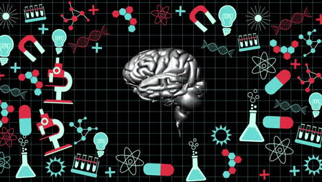 spinning brain against science concept icons on black background