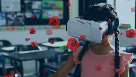 Animation-of-rose-icons-over-biracial-girl-with-vr-headset