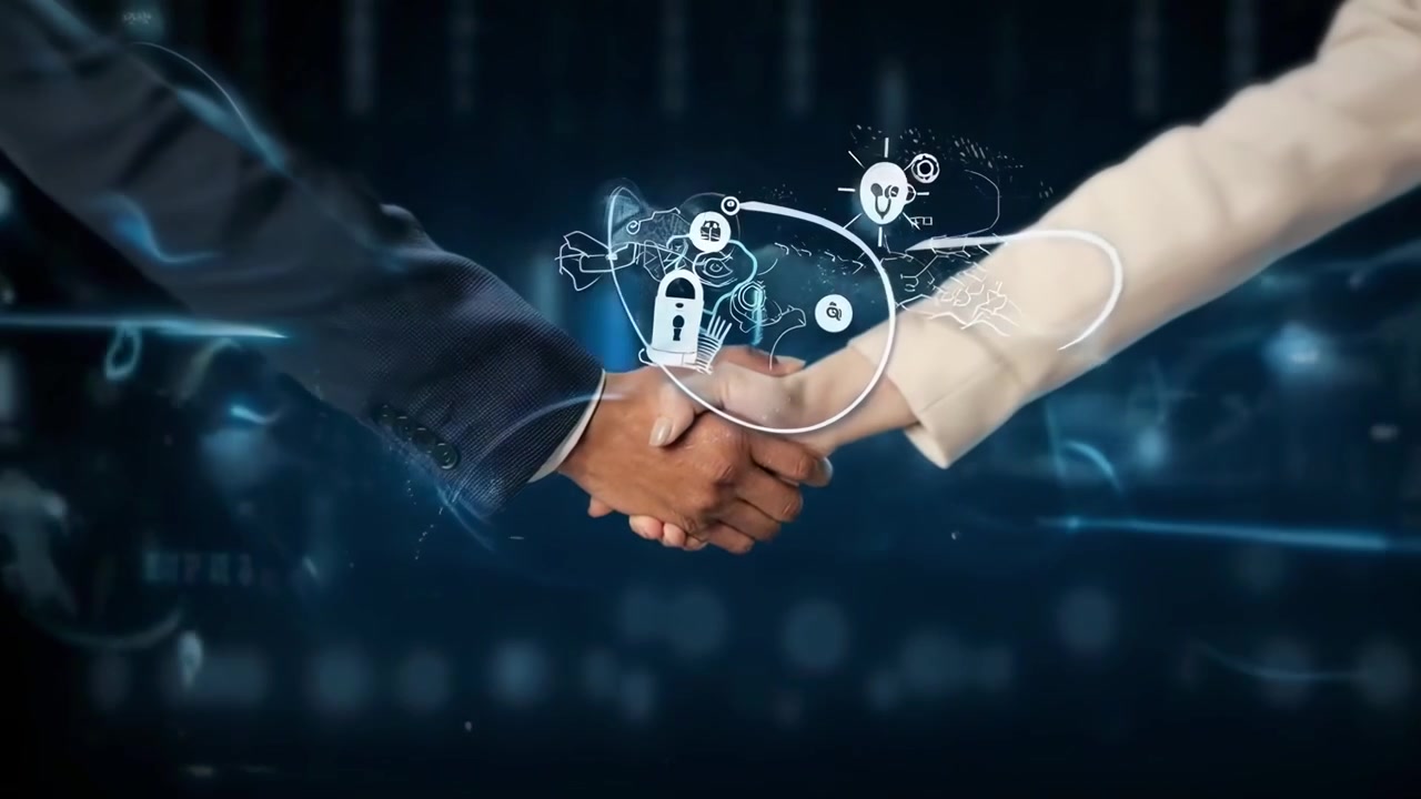 Professional Handshake with Abstract Technology Graphics