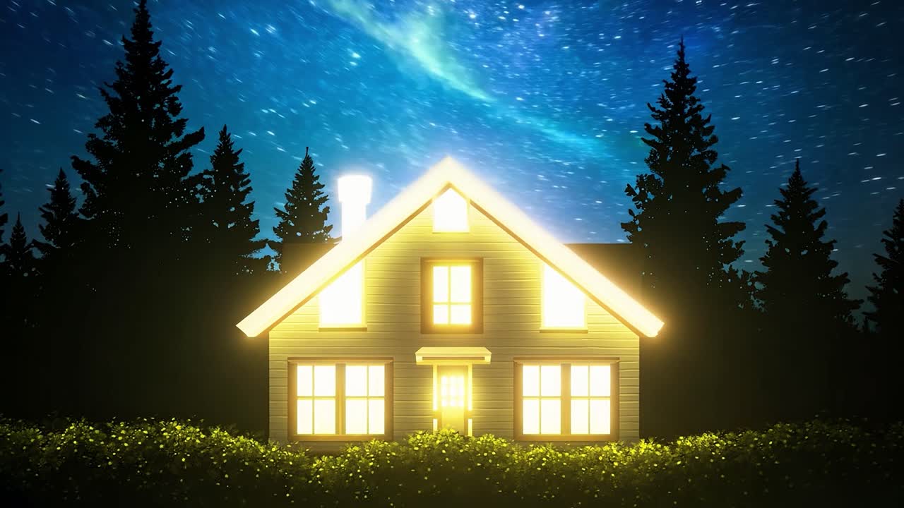 밤 에 숲 에 있는 조명 된 집