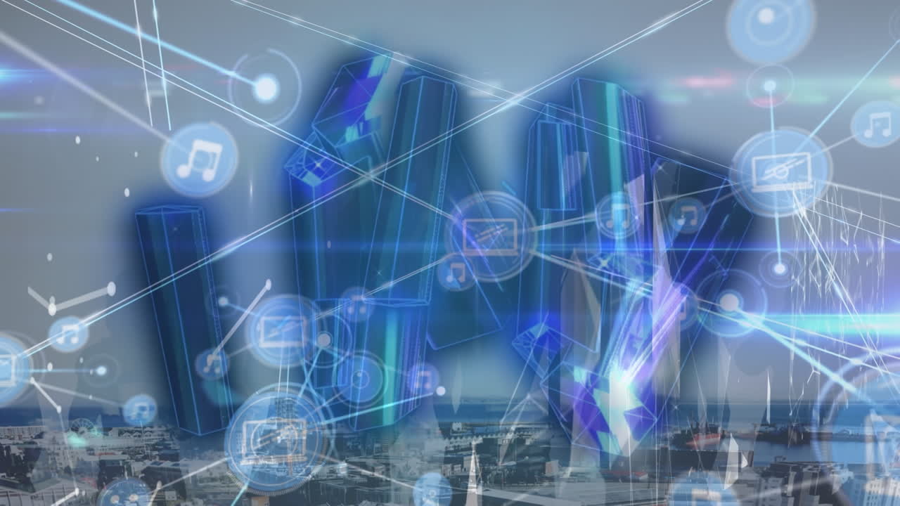 도시 풍경에 대한 아이콘과 블루 다이아몬드 연결 네트워크의 애니메이션