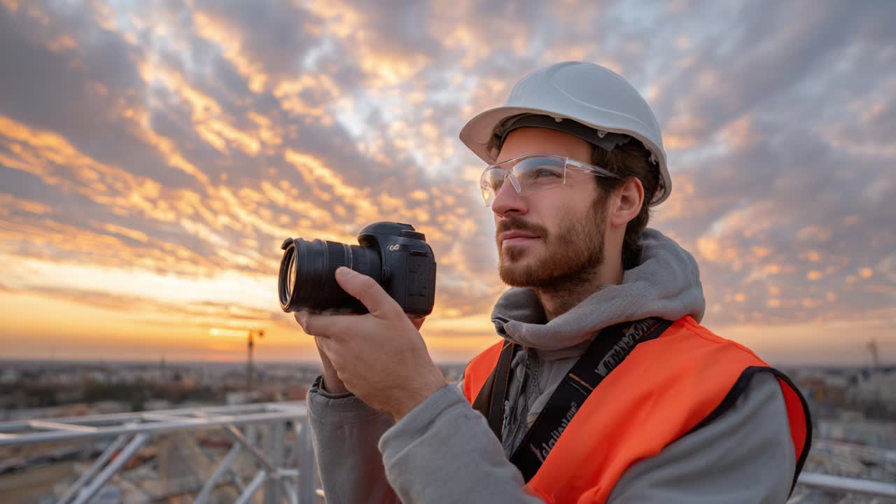 Fotografo operaio edile al tramonto
