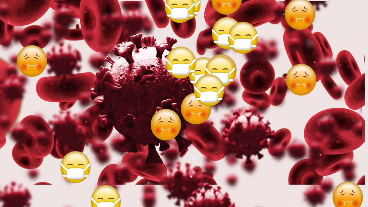 náuseas y cara con emoji de máscara flotando contra las células de covid-19 y los vasos sanguíneos en movimiento