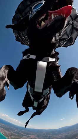 black dog enjoys skydiving wearing goggles and a parachute harness, soaring over a beautiful coastal landscape with blue sea and green land