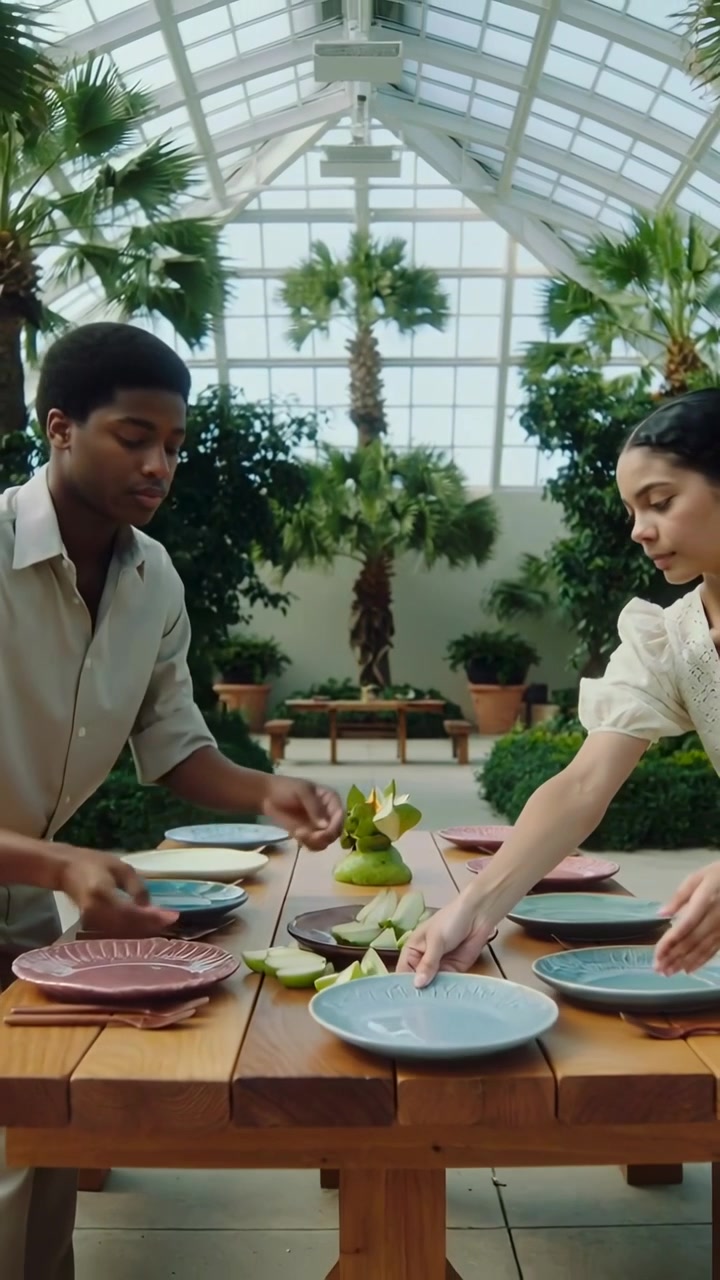 Vertical video: Approaching table pair in shirt and top placing pastel plates centering pear