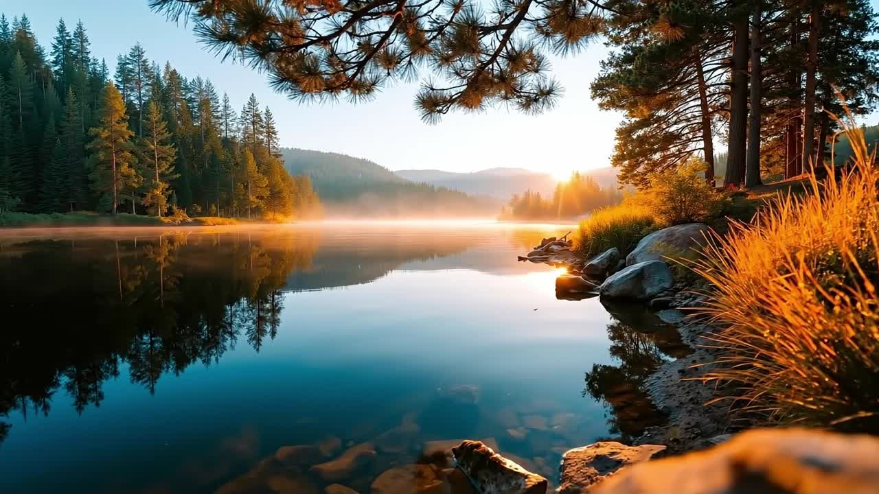 A lake in the middle of a forest with a sunset in the background