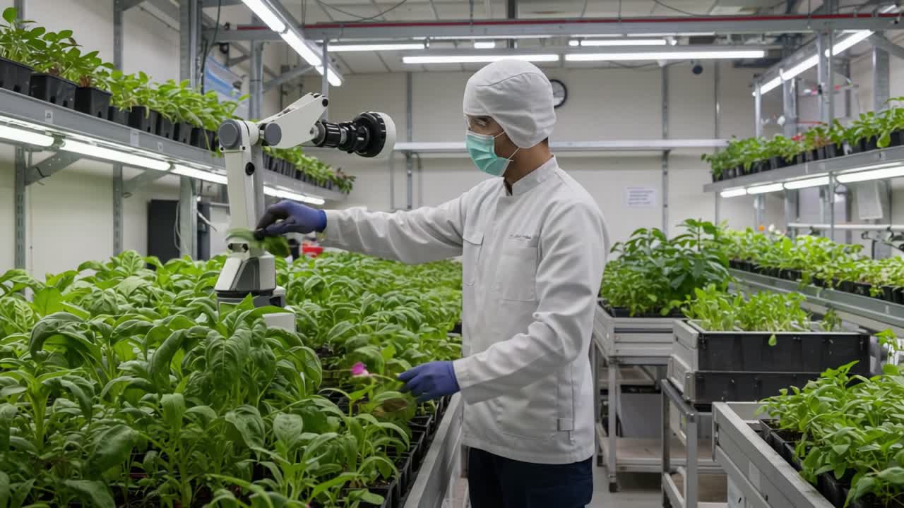 In a modern greenhouse, a researcher in protective gear examines plants with precision using advanced robotic technology to enhance agricultural efficiency and sustainability