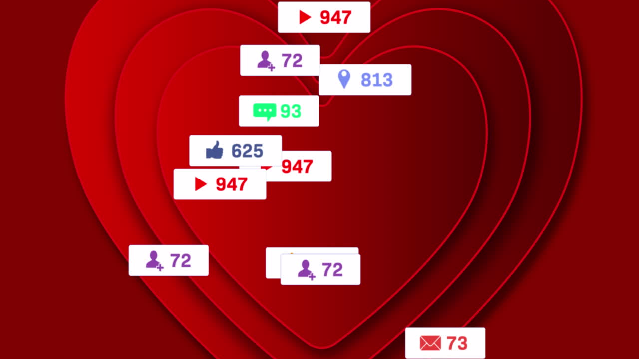 animación de corazones y reacciones en las redes sociales sobre un fondo rojo
