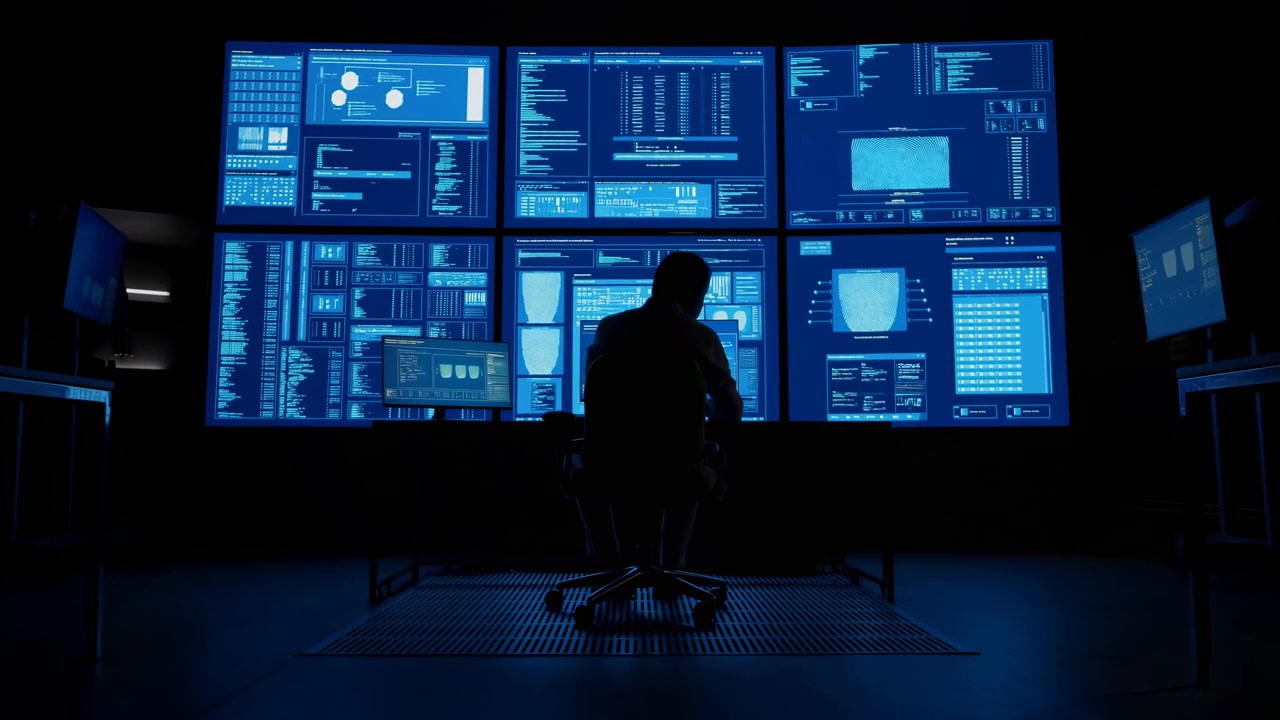 Dark technology room shows silhouetted operator seated before large blue illuminated monitors with interface panels, code displays, and fingerprint images creating a futuristic surveillance workspace