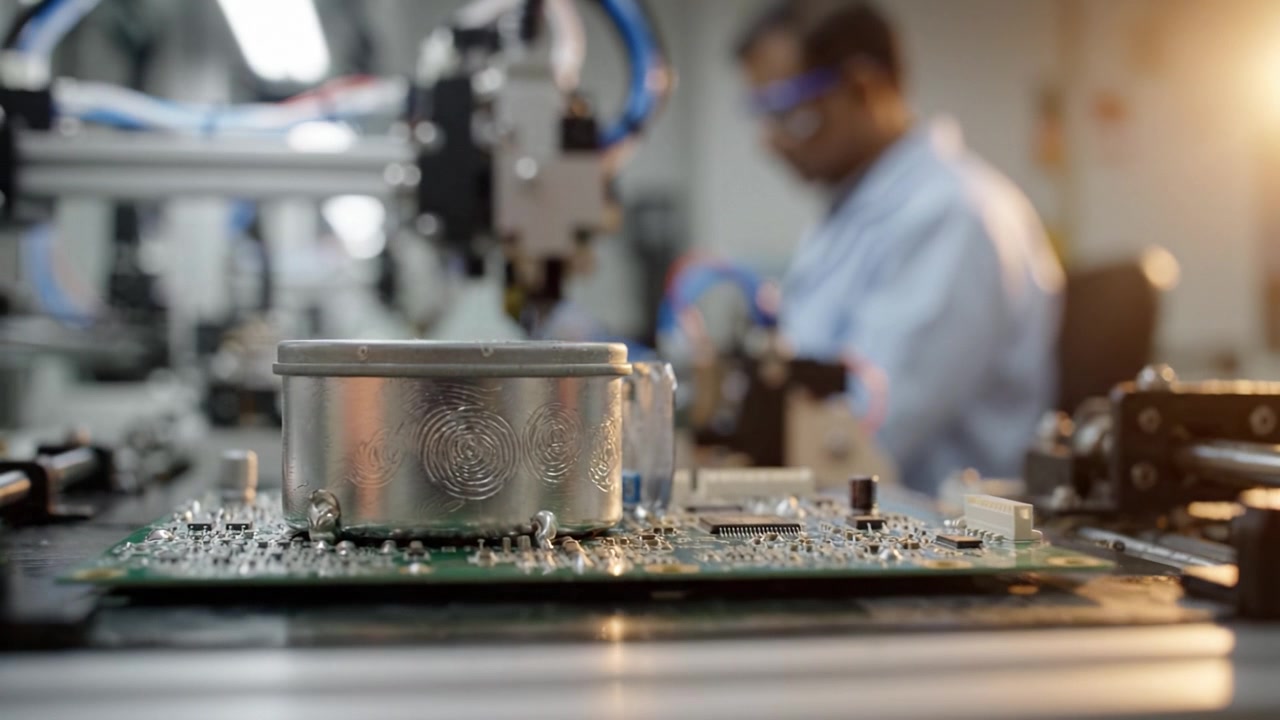 Produzione di Precisione di Componenti Elettronici in un Laboratorio High-Tech con un Ingegnere Concentrato che Lavora Diligentemente all'Assemblaggio di Schede Elettroniche