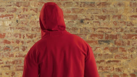 la espalda de un hombre caucásico en una pared de ladrillo