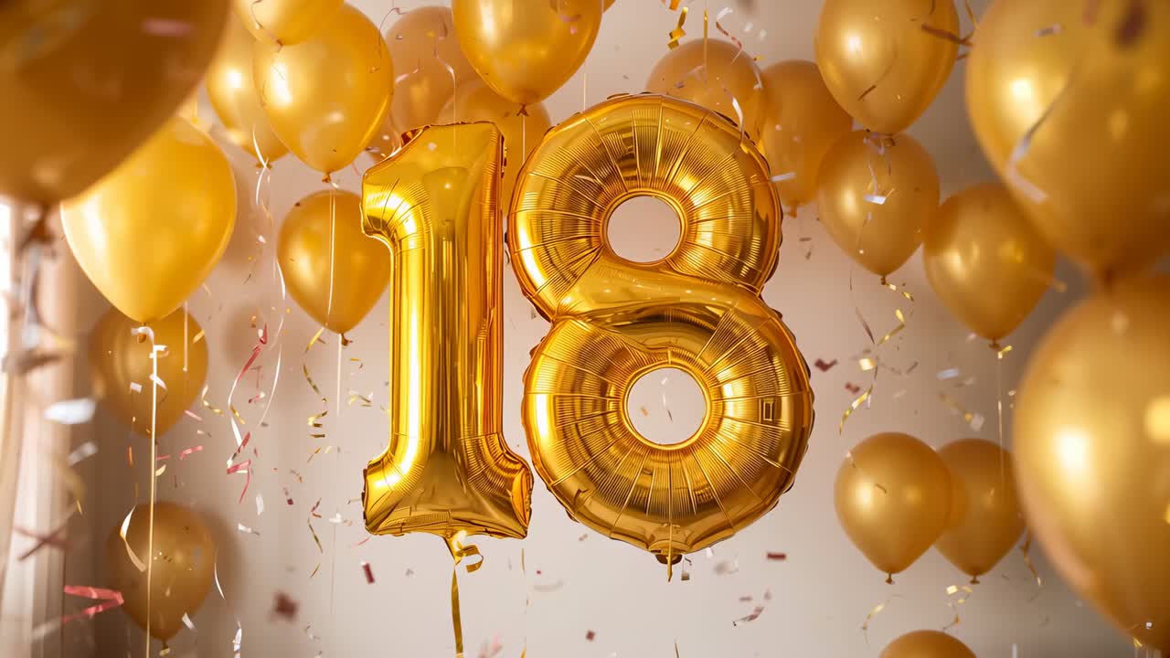 Camera moving to emphasize foil 18 while breeze shifting balloons at home, confetti falling