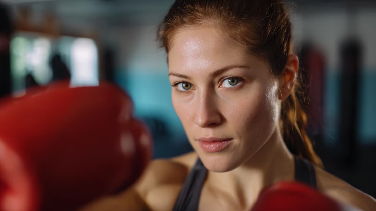Atleta concentrata con guantoni da boxe che si prepara per un incontro in un centro di allenamento, mostrando forza, determinazione e abilità attraverso un'espressione intensa