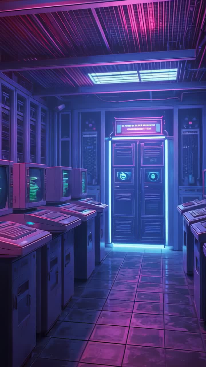 Vertical video: Booting servers flashing panels in corridor, lined by retro terminals