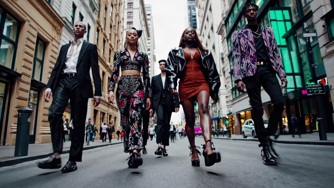 Video a livello strada di persone eleganti che camminano con sicurezza in un ambiente urbano, mettendo in mostra uno stile audace