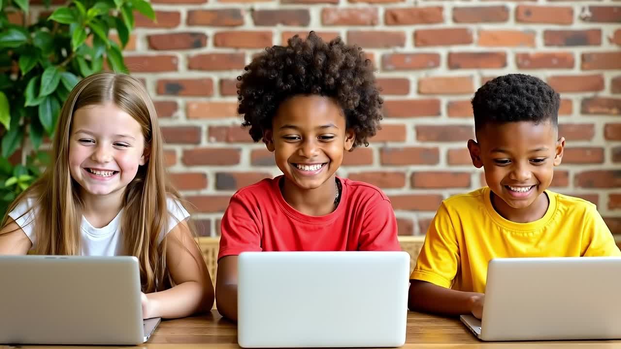 Three children sitting at a table with laptops
