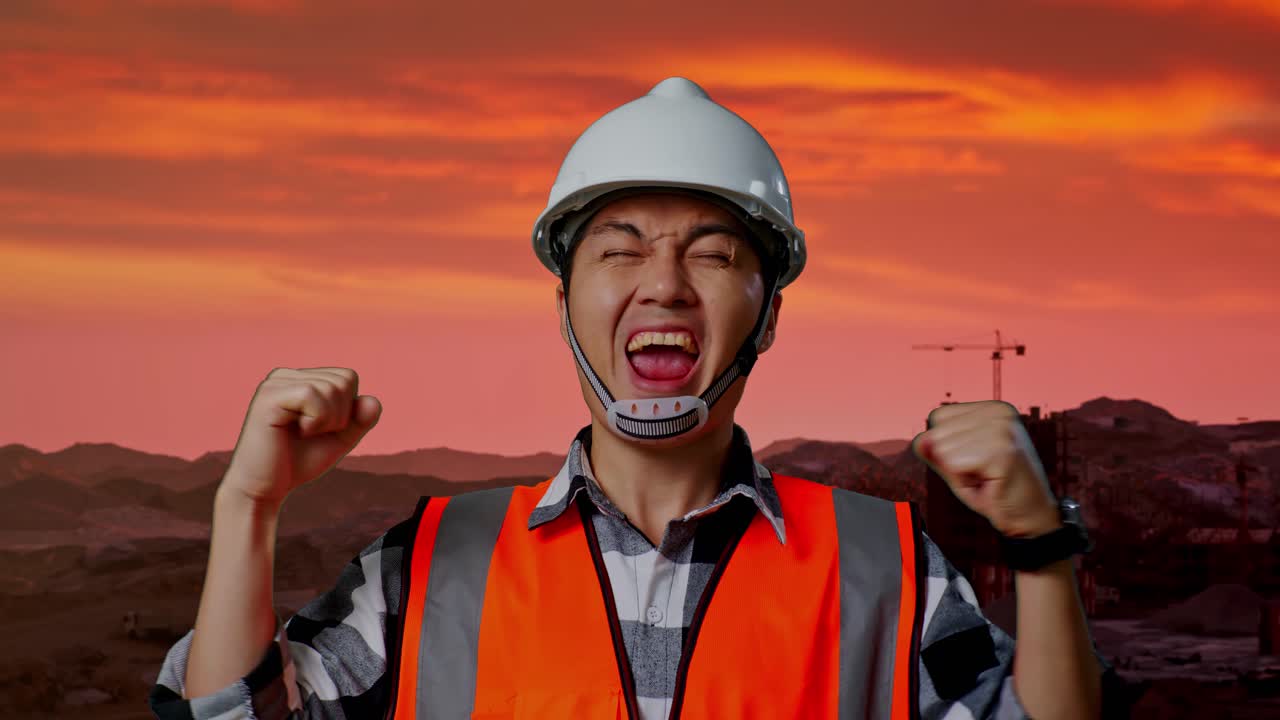안전 헬을 착용한 아시아 남성 엔지니어의 근접 촬영 - 목표를 외치며 건설 현장에서 일하는 축하, 광산 기계