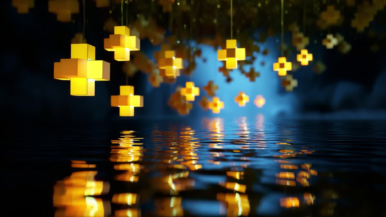 A mesmerizing display of glowing yellow lanterns suspended above a tranquil body of water, creating an enchanting and ethereal atmosphere with shimmering reflections and a serene backdrop of blue hues