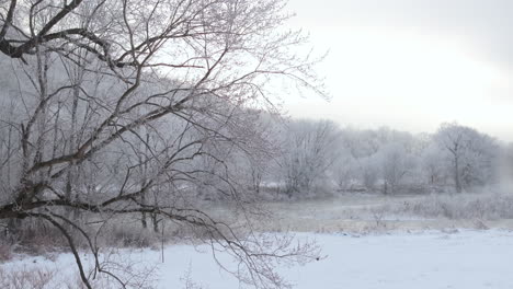 vista aérea de una escena de invierno en el norte del estado de nueva york, tomada a lo largo de un río por la mañana.