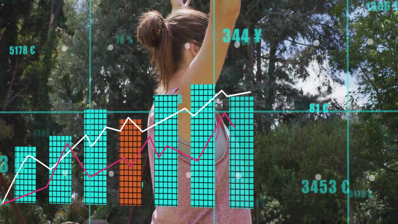 woman raising arms outdoors, turquoise and orange bars floating amid lines, yen symbols for finance