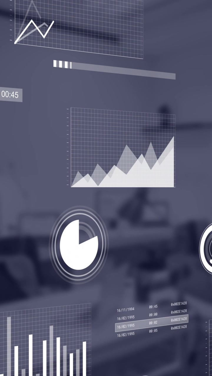 Animation of financial data processing over empty office