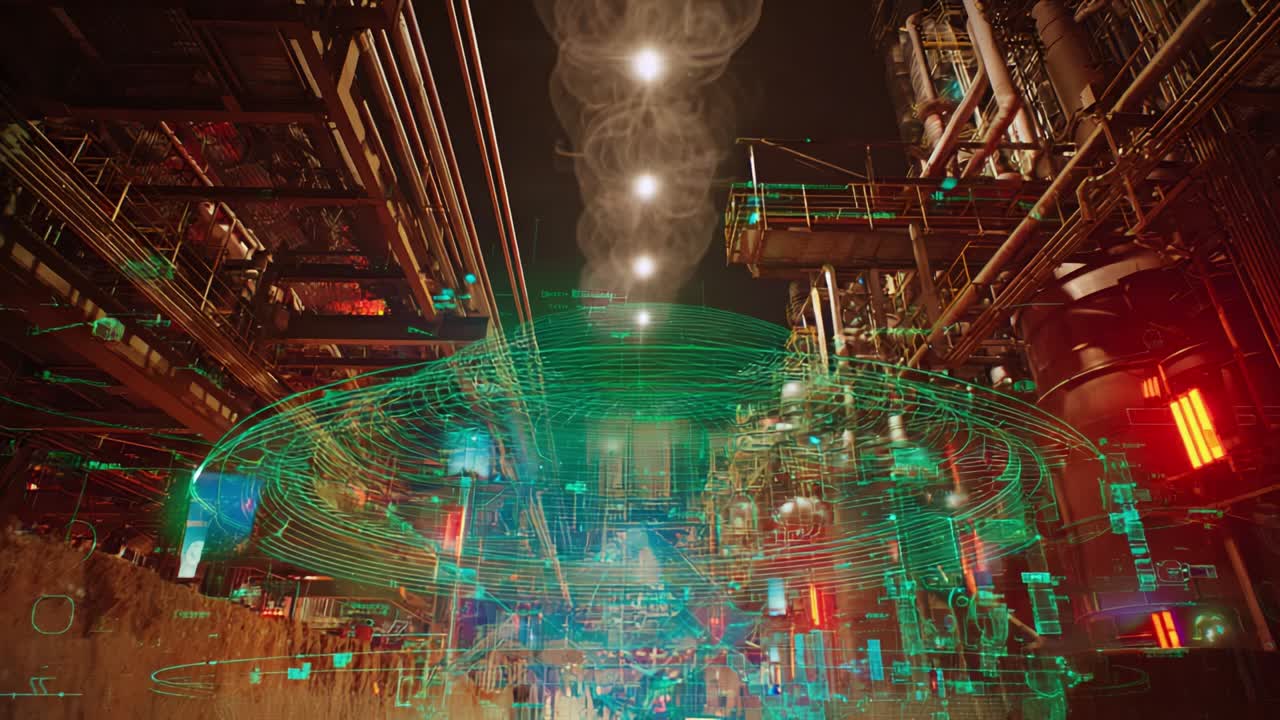 A Futuristic Industrial Complex with Overlapping Light Patterns and Smoke Trails, Illustrating the Intersection of Technology and Environment in a High-Tech Setting