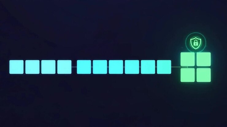 Blocchi di dati ciano luminosi che si allineano in una catena che porta a una griglia di blocchi protetta e bloccata
