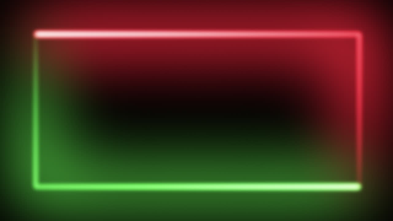 A frame of two big green and red rectangles , neon amber colors flowing counterclockwise, fast movemen, dark background