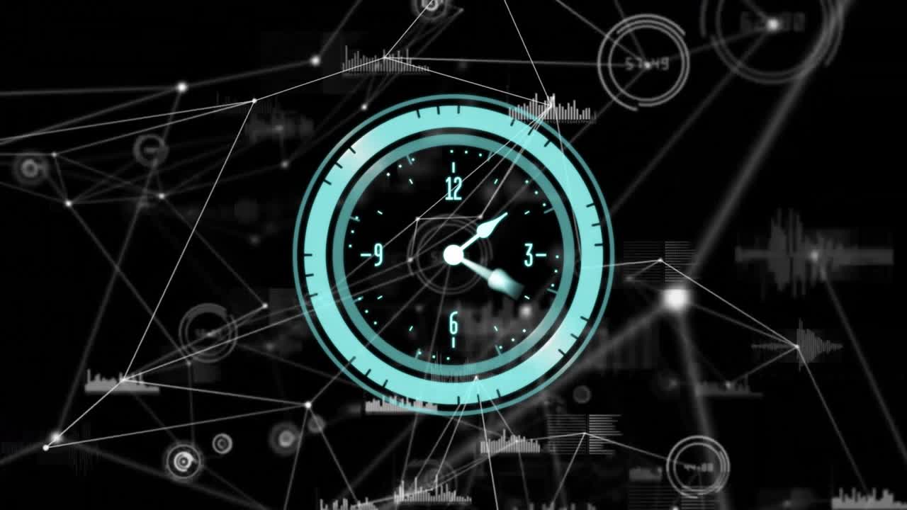 Arco acquatico che sfuma in un anello formando lancette d'orologio che avanzano, l'anello si ritrae rivelando una rete che mostra dati