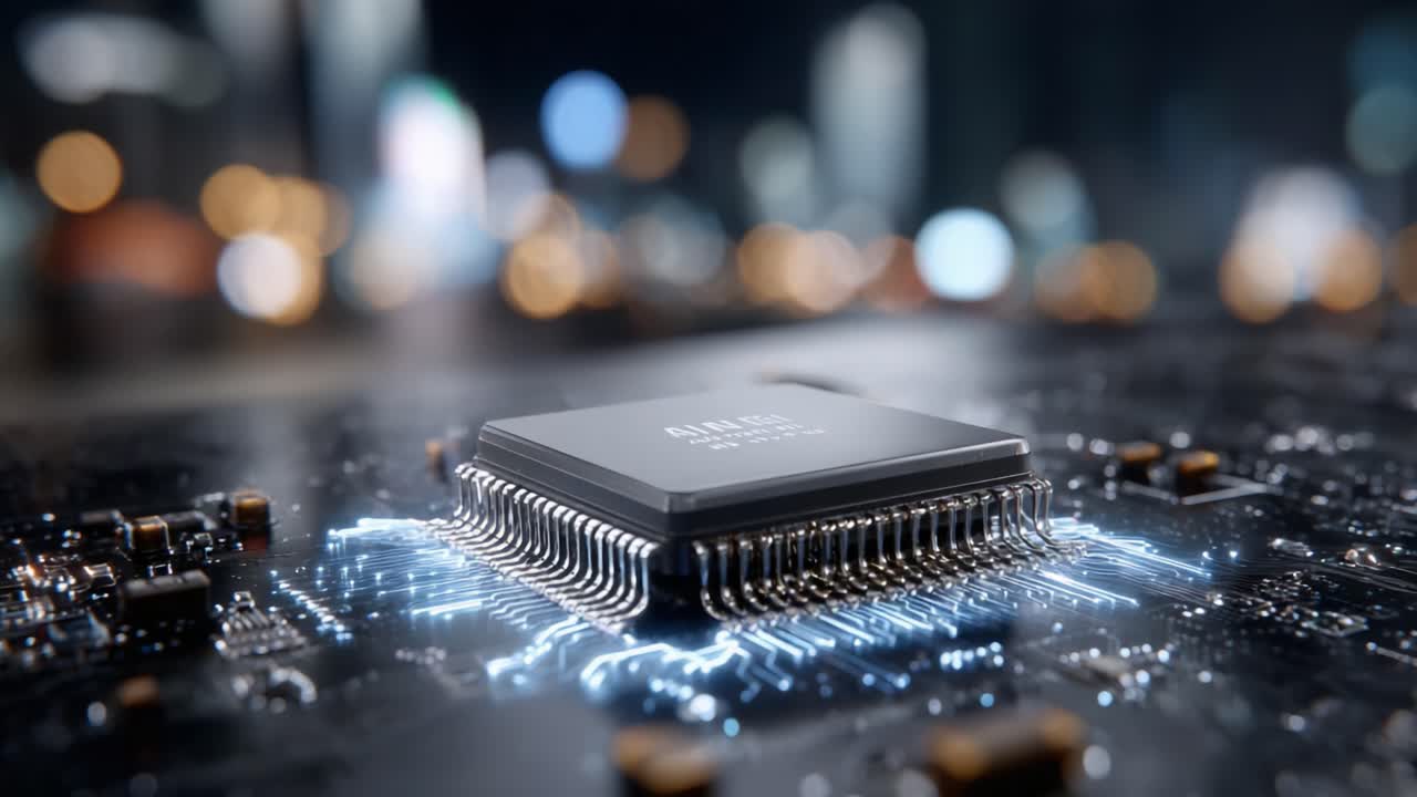 High-Resolution Close-Up of a Semiconductor Chip Illuminated by Soft Light, Showcasing Modern Technology and Circuit Design Against a Blurry Urban Background