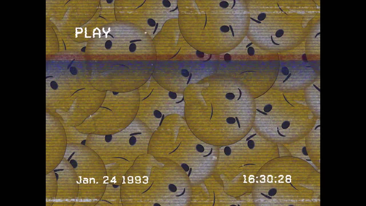 animación digital de vhs efecto de falla sobre varios emojis de pensamiento que caen sobre un fondo negro