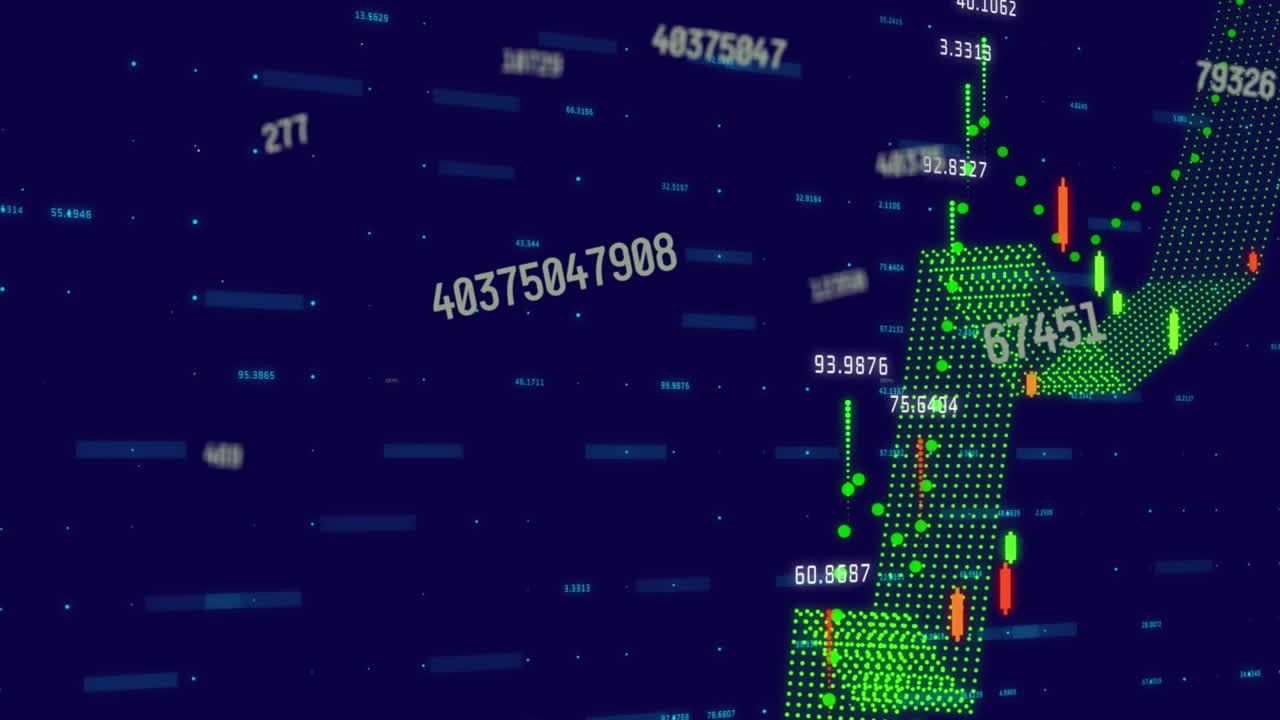 Animation of multiple changing numbers and financial data processing against blue background