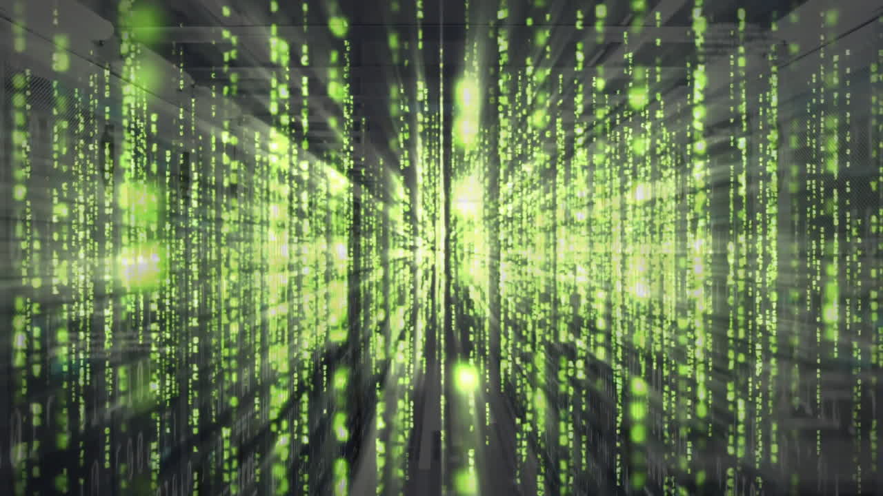 animación de senderos de luz que se mueven sobre la sala del servidor