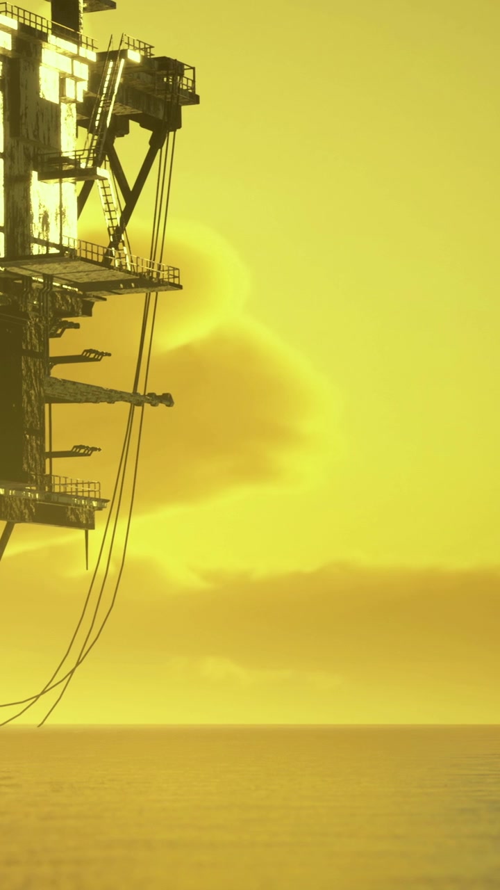 Oil rig stands in the ocean during sunset with yellow sky and water