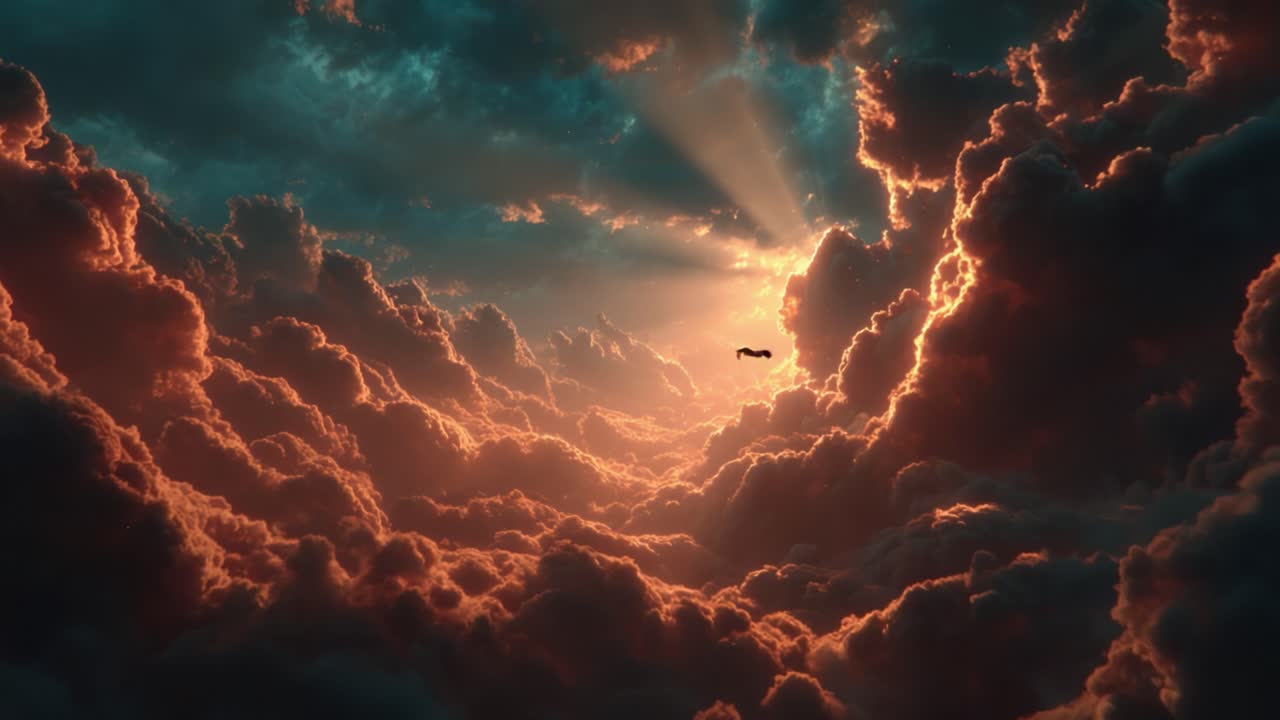 A Majestic Journey Through Billowing Clouds and Golden Light: An Airplane's Escape into the Serene and Ethereal Skies Above the Turbulent Storm
