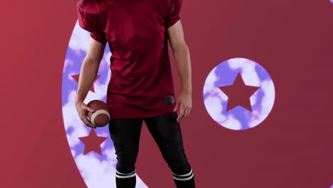 animación de un jugador de fútbol americano sobre el patrón de la bandera estadounidense y los círculos de colores